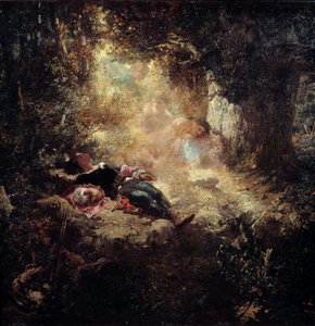 En stråle av solsken Unga människor sover på en bana. Målning av Celestin Nanteuil (1813-1873)