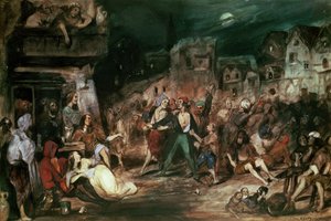 Gringoire in the Court of Miracles, illustration från kapitel VI av "Puckelryggen från Notre Dame" av Victor Hugo (1802-85) 1835