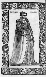 Renässans: en romersk kurtisan på 1500-talet. Gravyr från "" Moderna och antika dräkter"" av Cesare Vecellio av Cesare (attr. to) Vecellio
