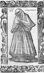 Renässans: en kurtisan på påven Pius V:s tid (1566-1572). Gravyr från "" Moderna och antika dräkter"" av Cesare Vecellio av Cesare (attr. to) Vecellio