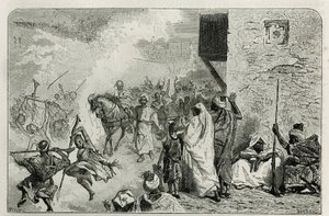 En ung pojke bär i triumf vid återkomsten av omskärelseceremonin, mitt i folkmassan som skjuter pistolskott i luften, medan han skriker och njuter igen, gravyr av C. Biseo för att illustrera historien Le Maroc av Edmondo de Amicis , i