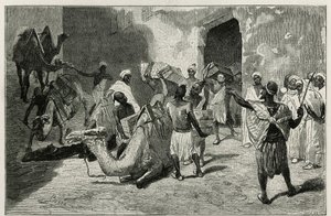 Lastning av kameler från karavanen av berättelsens författare, Atanger, gravyr av Biseo, för att illustrera berättelsen Le Maroc av Edmondo de Amicis, 1875, publicerad i tour du monde, under ledning av Edouard Charton