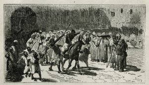 en tjuvs ord, klättrar på en mula, han tar emot batonger under folkmassans färger, graverad av C. Biseo, för att illustrera berättelsen Le Maroc av Edmondo de Amicis, 1875, publicerad i tour du monde, under regi av Edouard Charton