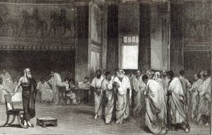 Appius Claudius övertalar senaten att avslå Pyrrhus erbjudande om fred, från "Leisure Hour", 1891