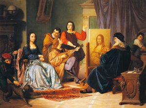 Leonardo da Vinci målar Mona Lisa av Cesare Maccari (1840-1919)
