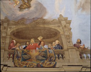 Detalj från Allegory of Italy, fresk av Cesare Mariani (1826-1901), tak, Majoritetens sal, Palazzo delle Finanze (Finanspalatset), Rom. Italien