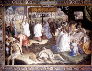 Milanos pest: St. Charles Borromeo (1538 - 1584) kommunicerar de döende. Fresk av Carlo Nebbia på Borromeo College i Pavia. 1500-talet