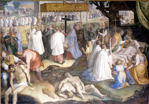 Saint Charles Borromeo San Carlo Borromeo kommunicerade de döende skadedjursfolket under pesten från 1575 till 1577 i lazaret i Milano. Fresk av Charles Nebbia vid Borromeo College i Pavia (Milano).