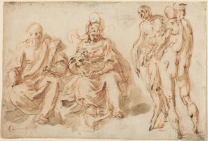 The Adoration of the Shepherds (penna och brunt bläck med ljusbrun lav över röd krita på liggande papper) av Cesare Pollini