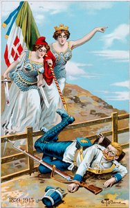 Första världskriget: affisch som visar en allegori om Italien och Frankrike som jagar Tyskland bortom gränsen. Illustration av Cesare Tallone (1853-1919) Privat samling av Cesare Tallone