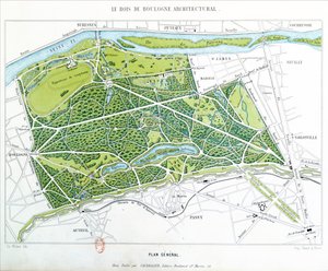 Plan över Bois de Boulogne i Paris, publicerad av Caudrilier, 1860 av Ch. Walter