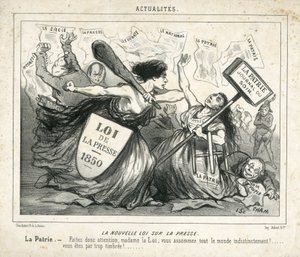 Illustration av Cham (1819-1879) i Le Charivari, cirka 1850-4-3 - Den nya lagen om press - Censur, Press/Media, Loi - Proudhon Pierre-Joseph (1809-1965), Girardin Emile de (1806- 1881) - Allegori