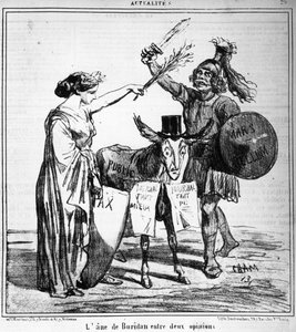 Buridans åsna mellan två åsikter - av Cham, i "" Charivari"" av 1859-04-29.