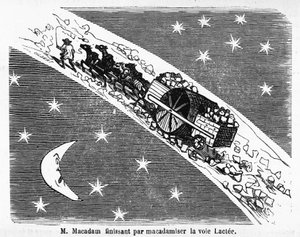 Tecknad film på stenbeläggningen av gator, MacAdam, skotsk ingenjör (1756-1838): "" M. Macadam slutar med att makadamisera Vintergatan""" - i "" Album Charivarique"", ill. de Cham