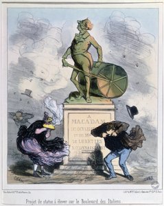 Projekt för att resa en staty för att hedra Macadam på Boulevard des Italiens, Paris (färg litho) av Amédée de Noé