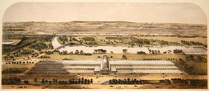 Fågelperspektiv av byggnaden för den stora utställningen, utgiven av Ackermann & Co. av Charles (after) Burton