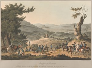Nr 5. Sabugal vid floden Coa Franska strejker i förgrunden de allierade förbereder sig för att korsa floden av Charles (after) Turner