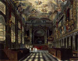 Det kungliga kapellet, Windsor Castle, från "Royal Residences", graverat av Thomas Sutherland (f.1785), pub. av William Henry Pyne (1769-1843) av Charles (after) Wild