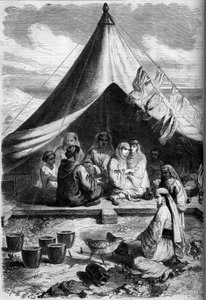 Judisk familj från Marocko flydde på Gibraltarkusten 1860. Enligt Mr Yriartes skiss. Gravyr i "" Le Monde Illustré"" nr 146 av 28 januari 1860. av Charles (after) Yriarte