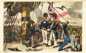 Kapten Spring gör Midshipman Newcome till sin medhjälpare och ger honom sitt svärd på kvartsdäcket på HMS Victory av Charles (c.1797 1850) (after) Williams