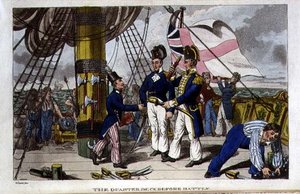 The Quarter Deck before Battle, tallrik från "The Adventures of Johnny Newcome in the Navy" av John Mitford (1782-1831) 1818 (litho) av Charles (c.1797 1850) (after) Williams