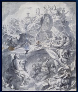 Allegori: "" The Victorious Church of Heresie or the Triumph of Religion"" Ritning av en gouache och tvätt av Charles Lebruns verkstad (Le Brun) (1619-1690) 1600-talets Paris, Musee du Louvren av Charles (studio of ) Le Brun