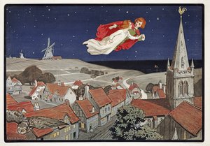Peter och Wendy flyger från Peter Pan av J M Barrie (1860 - 1937), pub. 1904 (färg litho)