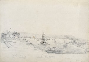 Till höger, fransmännens läger från Baudin-expeditionen till Bennelong-punkten, vänster, Sydney, hem för Nicolas Bayley- penna och bläck av Charles Alexandre Lesueur