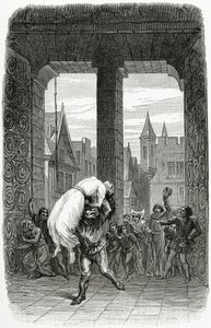 Quasimodo räddar Esmeralda från avrättning - illustration från Notre Dame de Paris, 1800-talet (bw gravyr)