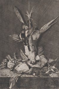 Jakttrofé med fågelvilt och kronärtskocka, 1850-1900. av Charles Alphonse Deblois