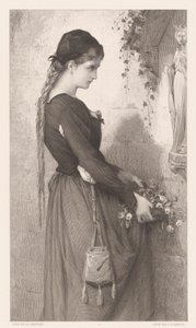 Ung kvinna tar med blommor till nisch med statyn av Maria Marguerite (titel på objekt) av Charles Alphonse Deblois