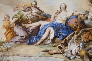 Resten av Diana bland nymferna, av Charles-Andre van Loo (1705-1765), fresk, välvt tak i sovrummet, drottningens lägenhet, jaktresidens, av Filippo Juvarra (1678-1736). ), Stupinigi, Piemonte, Italien