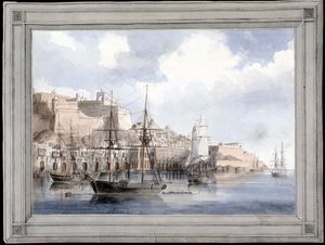Vue de Malte (View at Malta) (den stora hamnen i Valletta med Fort Sant Angelo) - Målning av Charles Andrew Dyce (1816-1853), akvarell på papper (25,1 x 34,9 cm), cirka 1849 - Yale University (USA) av Charles Andrew Dyce