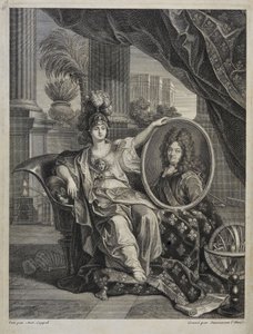 Ludvig XIV (1638-1715), kung av Frankrike, vetenskapens beskyddare - gravyr av Antoine Coypel i "Historien om Kungliga Vetenskapsakademien"" 1703 av Charles Antoine (after) Coypel