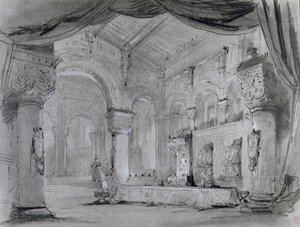 Scenografi av palatsinteriören för en föreställning av operan "Macbeth" av Giuseppe Verdi (1813-1901) på Theatre Lyrique, Chatelet, 1865 (kol och vit krita på papper) av Charles Antoine Cambon
