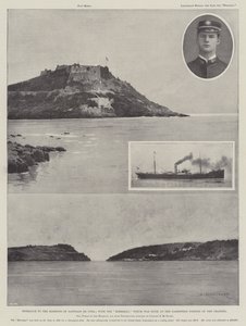 Ingång till hamnen i Santiago de Cuba; med Merrimac som sänktes vid den smalaste delen av kanalen av Charles Auguste Loye