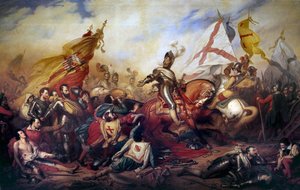 Religionskrig (1562-1598): "" Kung Henrik IV av Frankrike (1553-1610) vid slaget vid Ivry den 14/03/1590"" Den kungliga armén vann mot Katolska förbundets armé. Detalj av målningen av Charles de Steuben (1788-1856) 1800-talet sön. 4,2x8,1 m - Wa