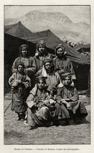 Kurderna i Petchara (Turkiet). Gravyr av Barbant för att illustrera berättelsen "Genom ryska Armenien, Karabagh, Araxdalen, Ararat-massivet" "av Madame B. Chantre, i Le tour du Monde 1892, regisserad av Edouard Charton (1807-1891), Hachette, Paris.