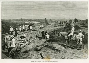 Att anlägga de transkaspiska rälsen. Gravyr av Ch. Barbant för att illustrera berättelsen Voyage a Merv, av Edgar Boulanger, i le tour du monde 1887, regisserad av Edouard Charton (1807-1890), Hachette, Paris. av Charles Barbant