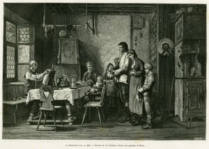 Benediciten. Barbantgravyr efter en målning av Brion, för att illustrera berättelsen A Through Alsace and Lorraine, av Charles Grad, tysk deputerad, 1884, i tour du monde 1886, regisserad av Edouard Charton (1807-1890), Hachette, Paris. av Charles Barbant