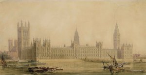 Perspektivvy av parlamentets nya hus, ca 1840-talet (wc över grafit, gouache, penna och bläck på papper)