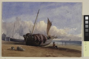Strandad fiskebåt med sittande fiskare av Charles Bentley