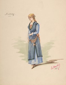 Kostymdesign för Andrey [a], Beskrivande ark med tillbehör [b], 1889.