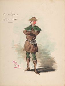 Kostymdesign för Touchstone [a], Beskrivande blad med kostymer och tillbehör..., 1889.