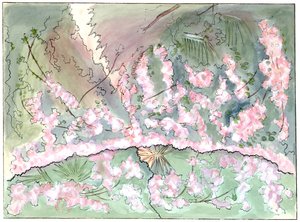 Massenet - Esclarmonde - Scenografi av Charles Bianchini - Akt 2, scen 1, rosettridån går ner - teckning av G. Stein, 1889 (c) av Charles Bianchini