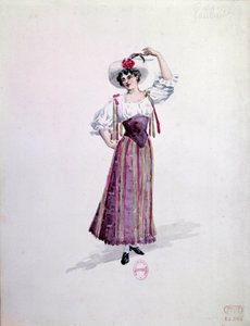 Ung kvinnas kostym (Nedda eller Colombine?) för operan "" Paillasse"" (de pagliacci, clowner) av Ruggero Leoncavallo (1857-1919) från 1892. Akvarell av Charles Bianchini (1860-1905)