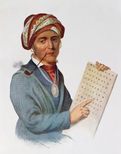 Se-quo-yah eller George Guess, 1828, illustration från "The Indian Tribes of North America, Vol.1", av Thomas L. McKenney och James Hall, pub. av John Grant