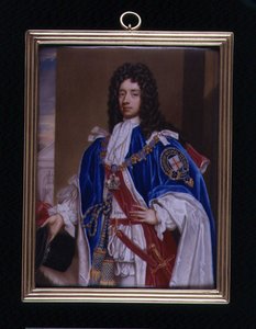 Porträttminiatyr av John Manners, 2nd Duke of Rutland (1676-1721) i Garter Robes, ca 1715 (emalj på metall)