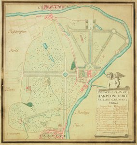 En allmän plan över Hampton Court Palace trädgårdar och parker, ca 1713 (penna, bläck och wc på papper) av Charles Bridgeman