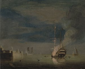 En tvådäckare i brand på natten utanför ett fort av Charles Brooking
